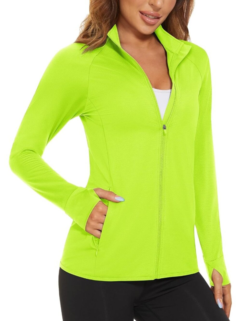 Women's Yellow Full-zip High Neck Side Pockets Long Sleeve Athletic Jacket